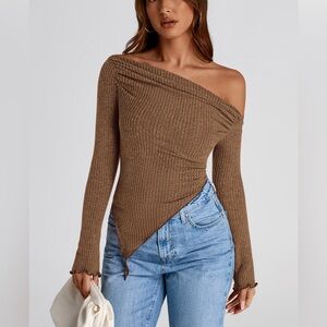 PRETTY GARDEN spring long sleeve Y2K crop top brown size M